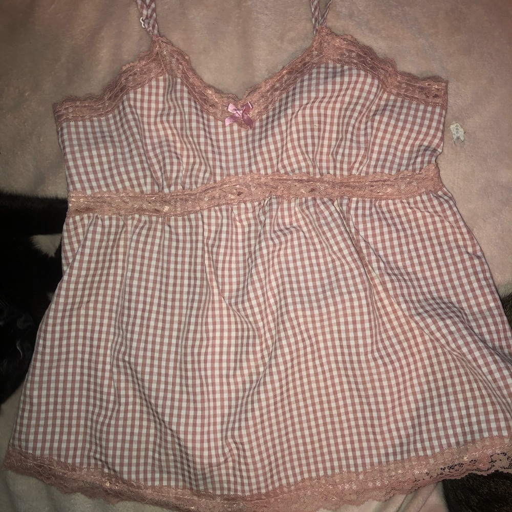 Pink Gingham Lace Trim Cami Top